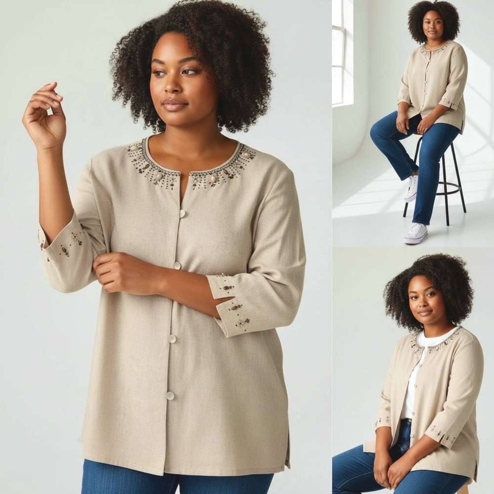 Alfred Dunner Linen Blend Beaded Details Shirt Jacket 3/4 Sleeves Front Buttons